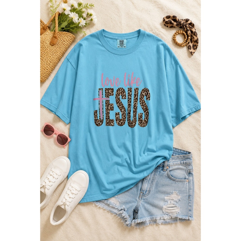 NWOT Comfort Colors Love Like Jesus Leopard Print Graphic T-Shirt Blue 2XL 2TG